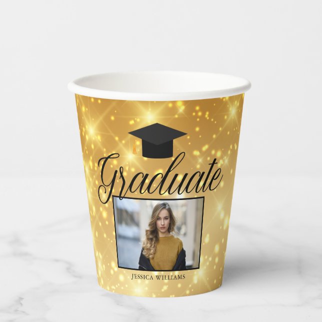 Gold Sparkle Graduation Photo Chic Custom Party Paper Cups (Front)