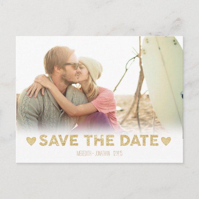 Gold Sparkle Hearts Save the Date Postcard (Front)
