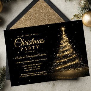 Gold Sparkle Light Tree Christmas Party Invitation