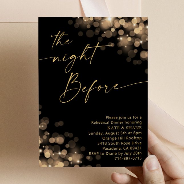 Gold Sparkle Lights and Black Rehearsal Dinner Invitation (Creator Uploaded)