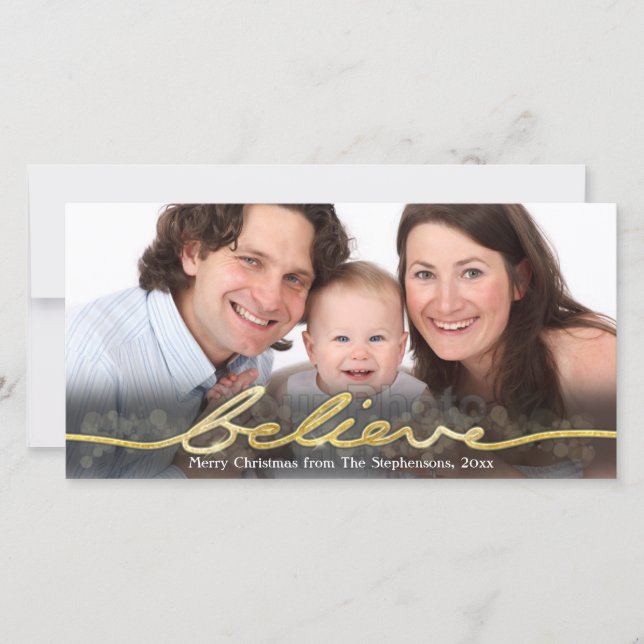 Gold Sparkle Look Bokeh Believe Christmas Holiday Card (Front)