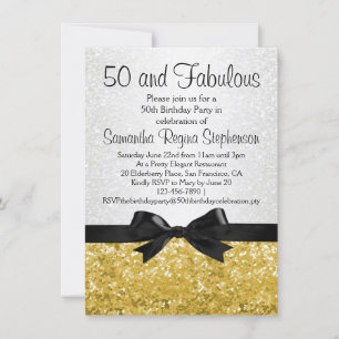 Gold Sparkle-look Bow 50th Birthday Party Invitation