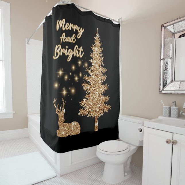 Gold Sparkle Merry and Bright Christmas Shower Curtain (In Situ)