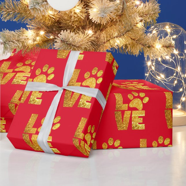 Gold Sparkle - Paw Print Love on Red Wrapping Paper (Holidays)