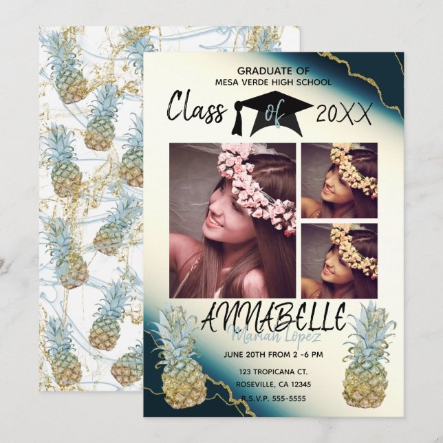 Gold Sparkle Pineapple Blue Agate Graduation Photo Invitation (Front/Back)