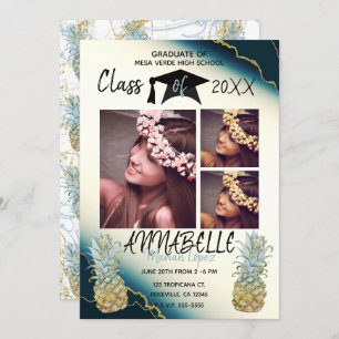 Gold Sparkle Pineapple Blue Agate Graduation Photo Invitation
