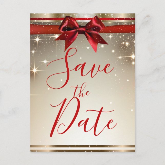 Gold Sparkle Red Bow Elegant Holiday Save the Date Announcement Postcard (Front)