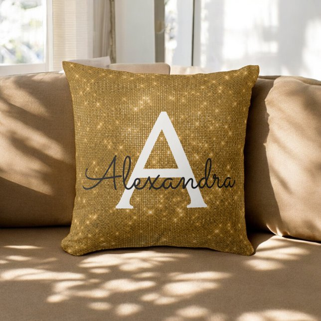 Gold Sparkle Shimmer Monogram Name & Initial Cushion (Creator Uploaded)