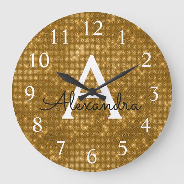 Gold Sparkle Shimmer Monogram Name & Initial Large Clock (Front)