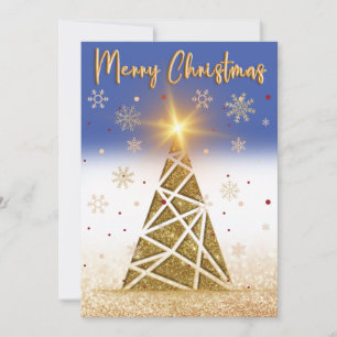 Gold Sparkle Snow & Christmas Tree with Blue Holiday Card