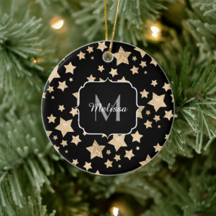 Gold sparkle Star Christmas Holiday Monogram black Ceramic Ornament