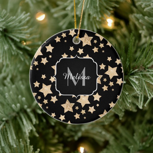 Gold sparkle Star Christmas Holiday Monogram black Ceramic Ornament (Tree)