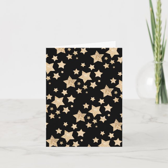 Gold sparkle Stars Merry Christmas Holiday black Card (Front)