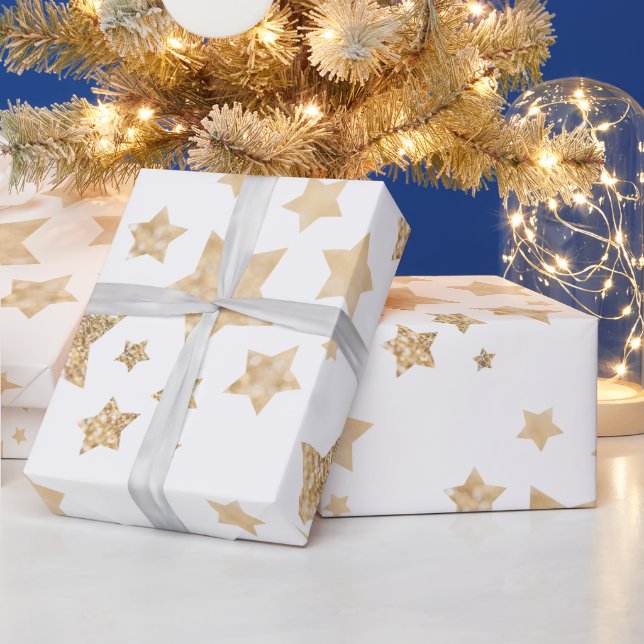 Gold sparkle Stars Merry Christmas Holiday white Wrapping Paper (Holidays)