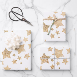 Gold sparkle Stars Merry Christmas Holiday white Wrapping Paper Sheet