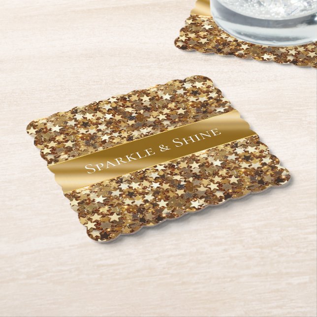 Gold Sparkle Stars Paper Coaster (Angled)