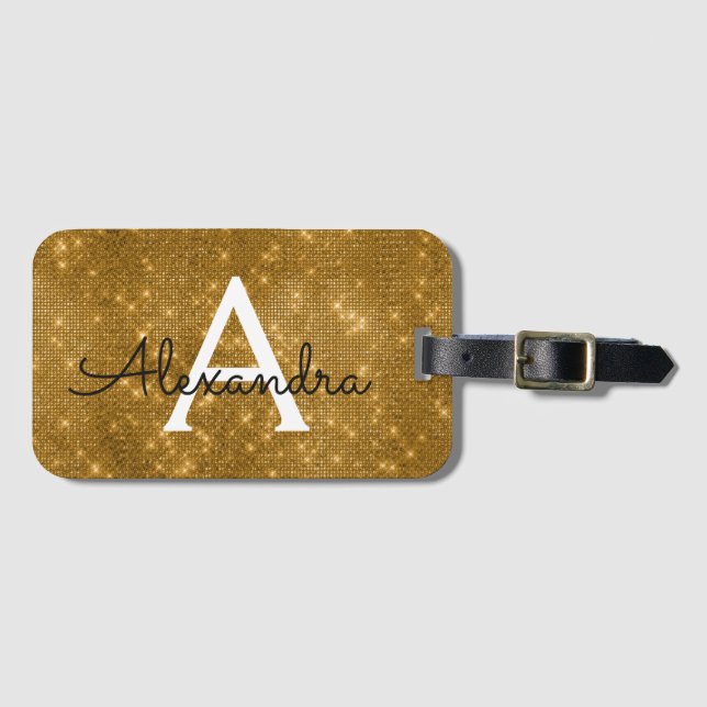 Gold Sparkle Twinkle Shimmer Monogram Name Luggage Tag (Front Horizontal)