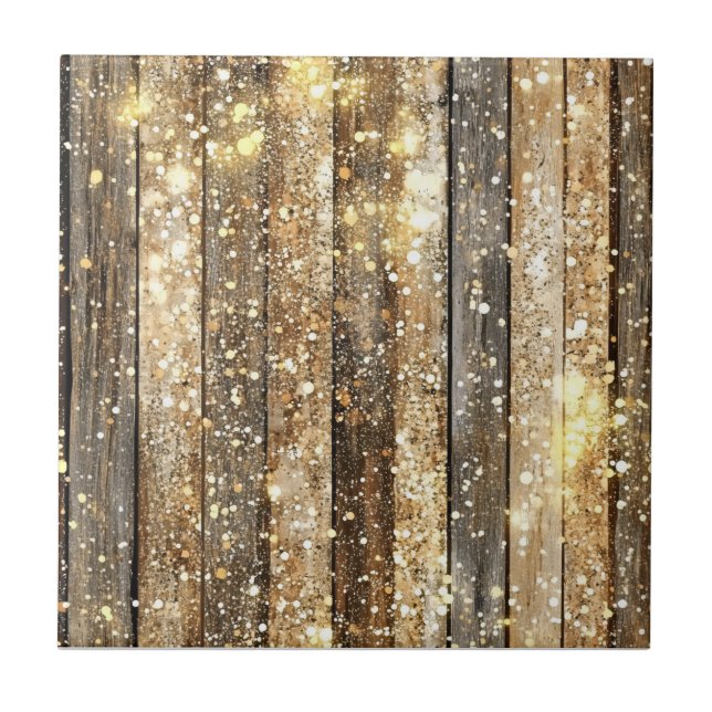 Gold Sparkle Wood Pattern Ceramic Tile (Front)