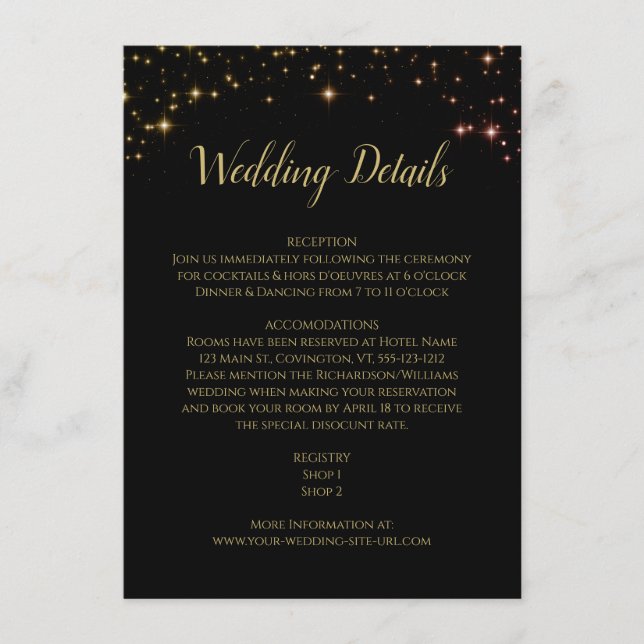 Gold Sparkles and Stars on Black Wedding Details Enclosure Card (Front)