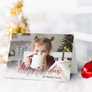 Gold Sparkles Merry Christmas Calligraphy Photo Holiday Card