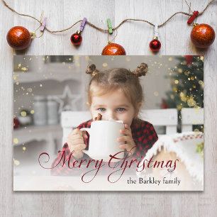 Gold Sparkles Merry Christmas Calligraphy Photo Holiday Card