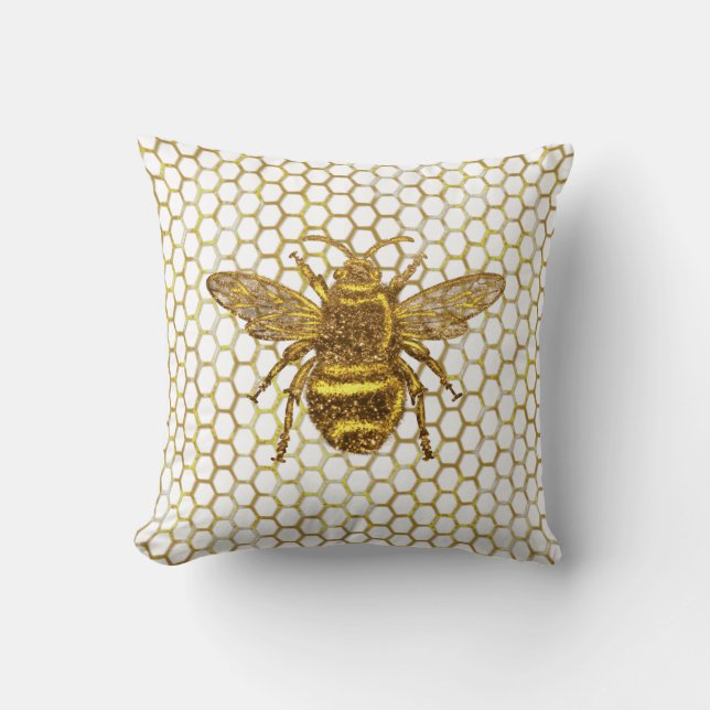 Gold Sparkling Bee Gold Hexagon Beehive Cushion (Front)