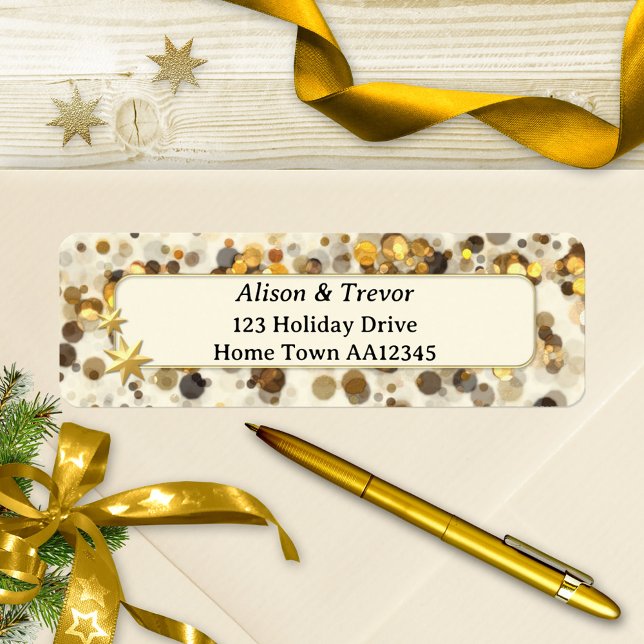 Gold Sparkling Christmas Return Address Label (Christmas return address label featuring a whimsical festive design with gold sparkles and stars)