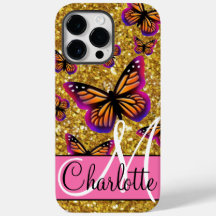 Gold sparkling glitter, orange pink butterflies 