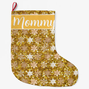 Gold sparkling glitter snowflakes            large christmas stocking