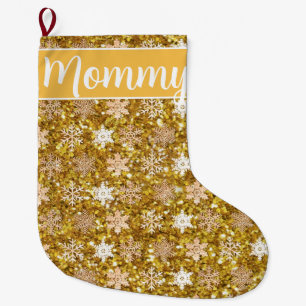 Gold sparkling glitter snowflakes            large christmas stocking