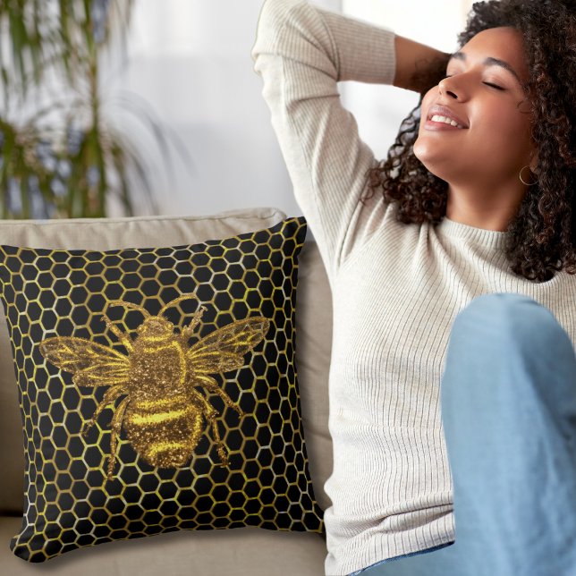 Gold Sparkling Queen Bee Gold Hexagon Beehive Cushion (Creator Uploaded)