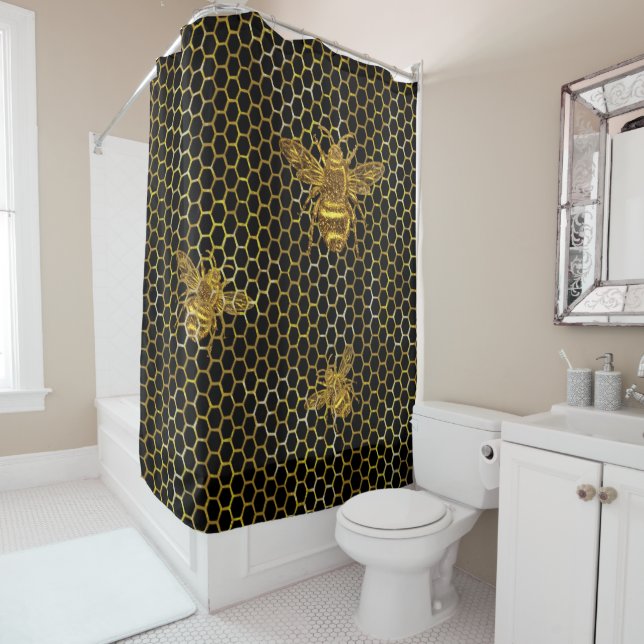 Gold Sparkling Queen Bee Gold Hexagon Beehive Shower Curtain (In Situ)