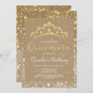 Gold Sparkly Confetti Quinceanera with Tiara Invitation
