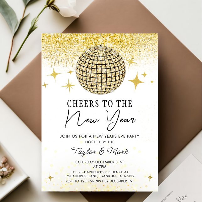 Gold Sparkly Disco Ball Cheers New Years Eve Party Invitation (Creator Uploaded)