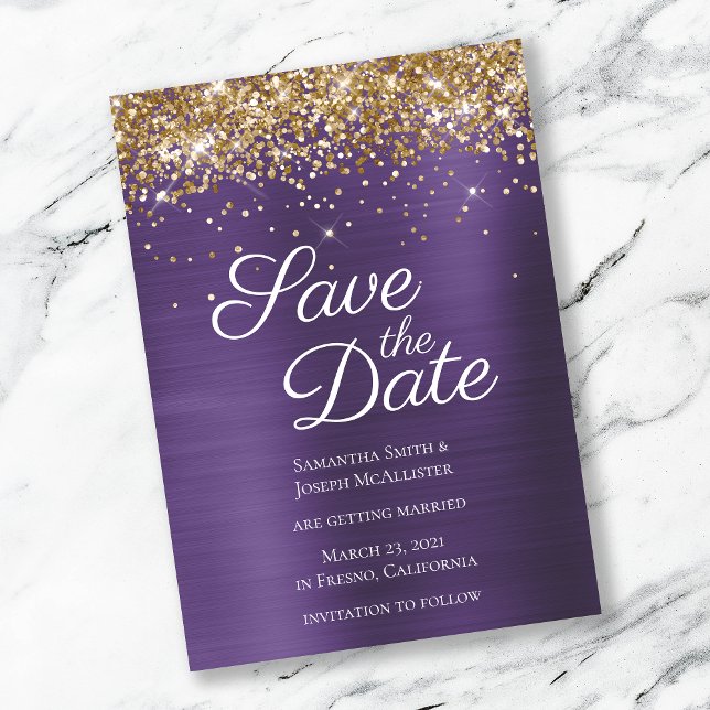 Gold Sparkly Glitter Dark Violet Ombre Foil Save The Date (Creator Uploaded)