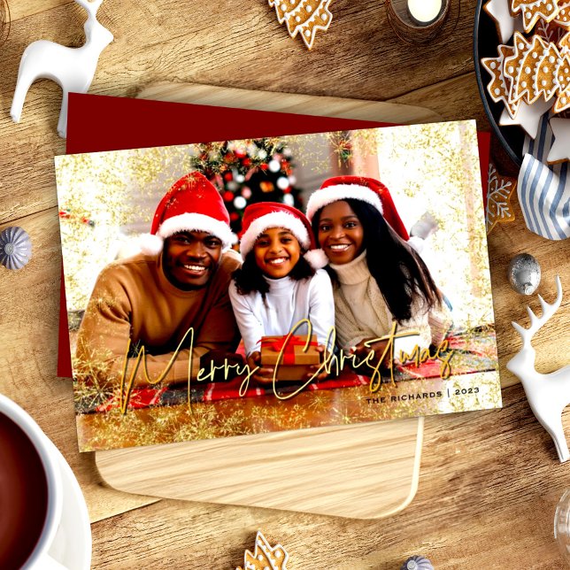Gold Sparkly Snowflakes Red Merry Christmas  Holiday Card (Creator Uploaded)