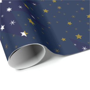 Gold Sparkly stars and white stars on blue sky Wrapping Paper