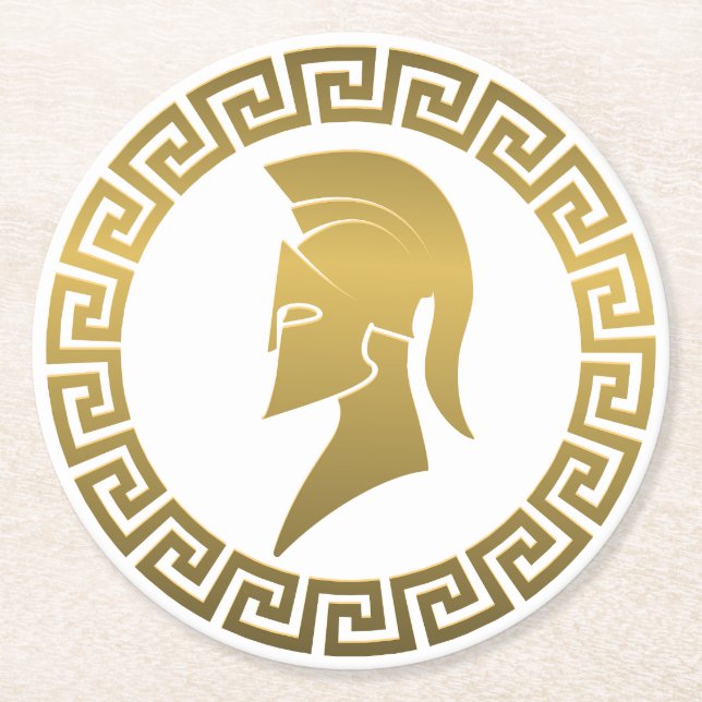 Gold Spartan Helmet with Greek Key Border Round Paper Coaster (Front)