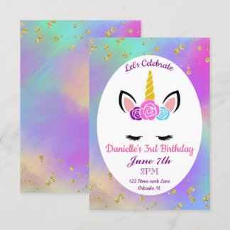 Gold Speckled Watercolor Floral Unicorn Birthday Invitation