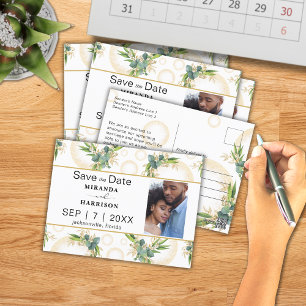 Gold Spheres and Botanical Wedding Save the Date Postcard