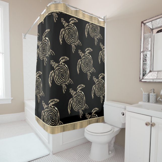 Gold Spiral Tribal Turtle Shower Curtain (In Situ)