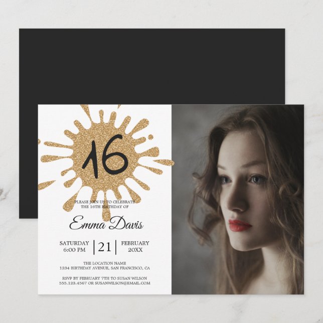 Gold Splash Sweet 16 16th Birthday Party Photo Invitation (Front/Back)