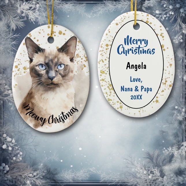 Gold Splatter Meowy Christmas Siamese Cat Ceramic Ornament (Creator Uploaded)