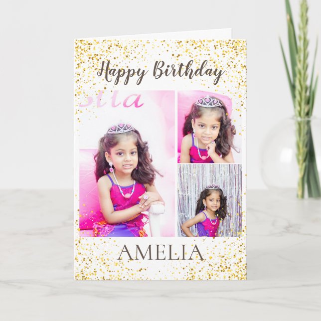 Gold splatter personalised photo birthday card (Front)