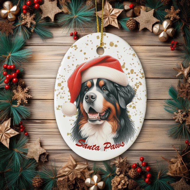 Gold Splatter Santa Paws Bernese Mountain Dog Ceramic Ornament (Creator Uploaded)