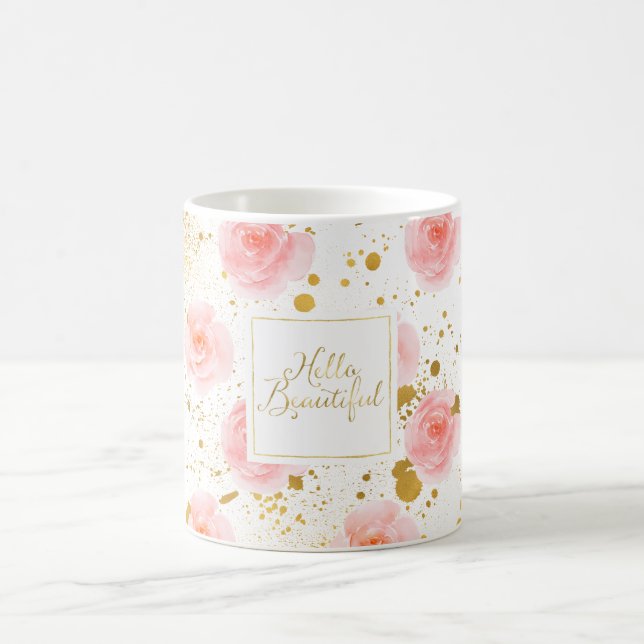 Gold Splatters Pink Roses Hello Beautiful Coffee Mug (Center)
