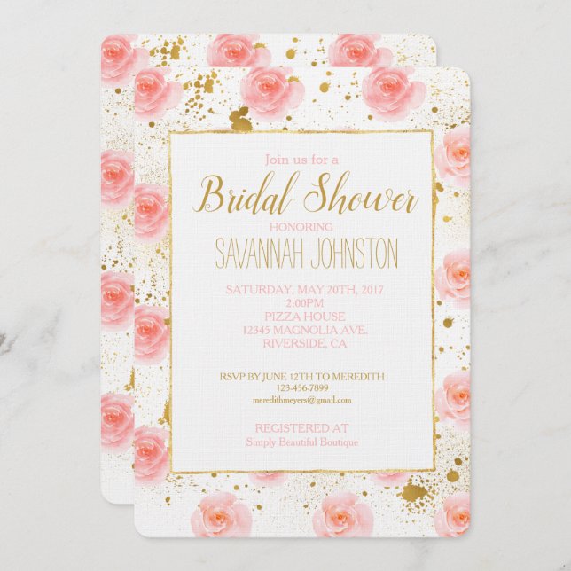 Gold Splatters Pink Roses Watercolor Bridal Shower Invitation (Front/Back)