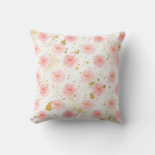 Gold Splatters Pink Roses Watercolor Cushion