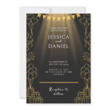 Gold Spotlight Bunting Black Wedding Invitation