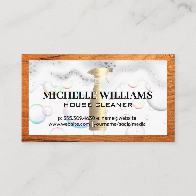 Gold Spray Bottle | Soap Suds | Wood Frame Business Card (Front)
